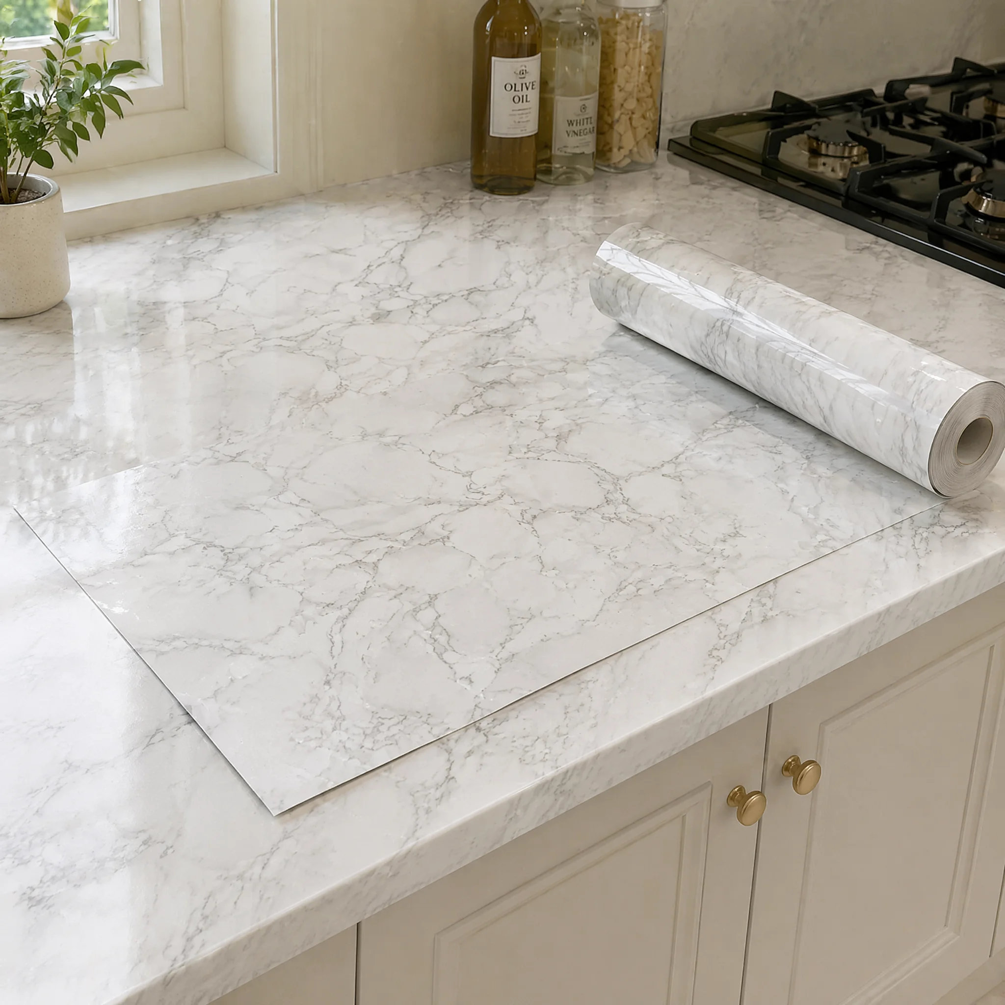

55cm Width Marble Self Adhesive Wallpaper Oil Proof Waterproof Kitchen Stove Countertop Cabinet Tile Sticker for Home Renovation