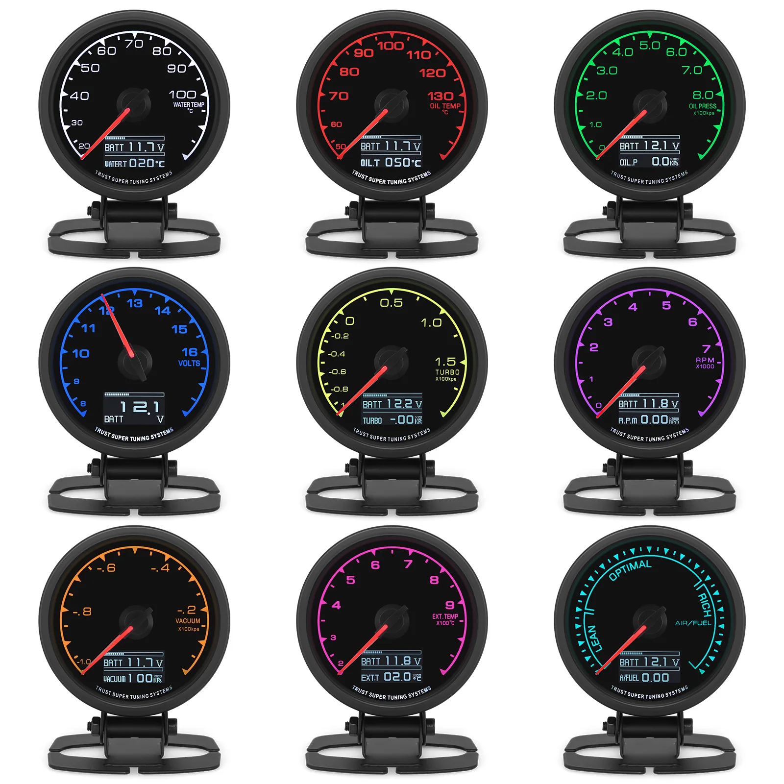 7 Colors LCD Car Racing Meter 60MM Vacuum Turbo Boost Water Temp Volt Oil Press Tachometer with Sensor for 4/6/8 cylinder cars