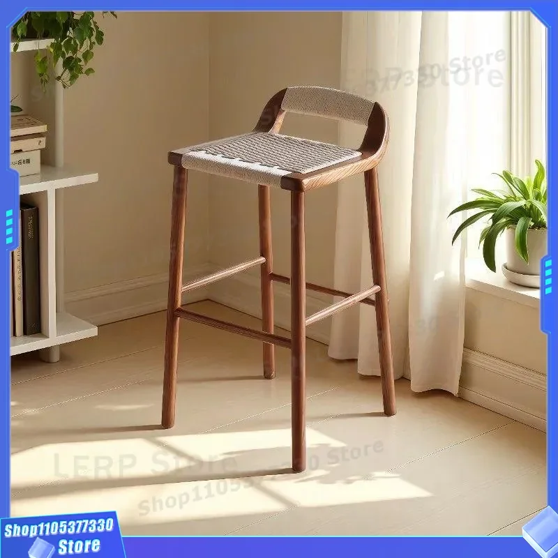 Modern Solid Wood Bar Stool Chinese Rope Woven High Chair Light Luxury Front Desk Seat Simple Household Counter Stool for