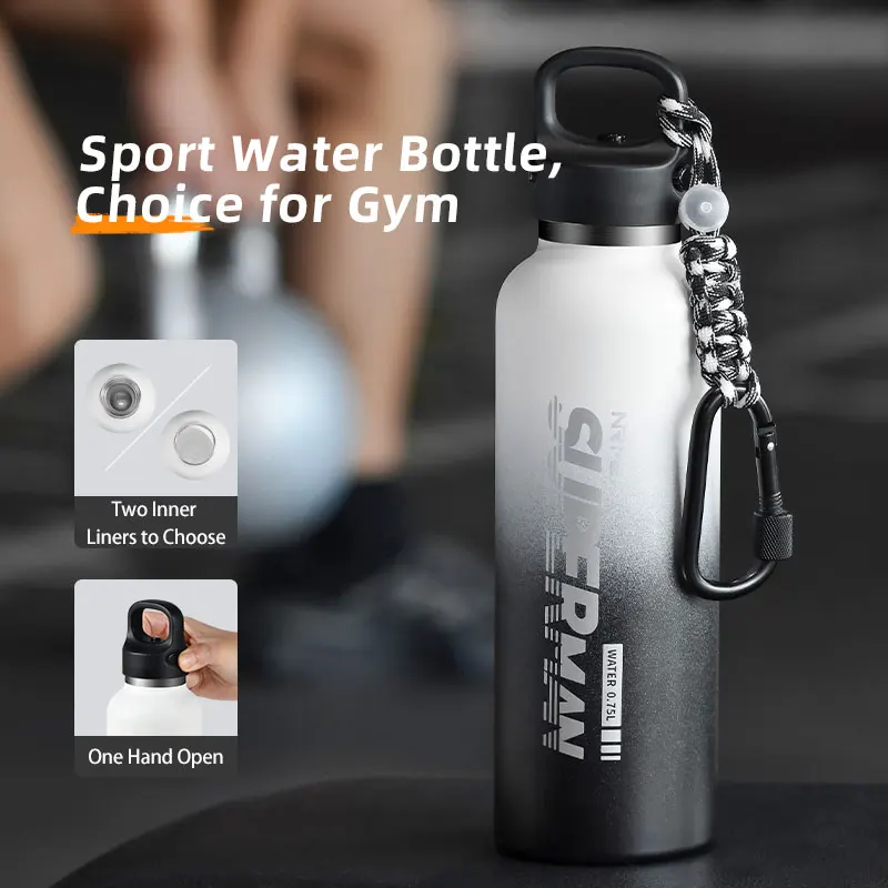 One Handed Open Thermos Bottle, Outdoor Portable Vacuum Flask, Sport Water Bottle with No Screw Lid, Gym, Office, Camping