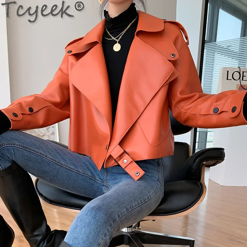 

Tcyeek Genuine Leather Jacket Sheepskin Women's Leather Jacket Spring Fall Coats Motorcycle Black Short Jackets Jaqueta Feminina