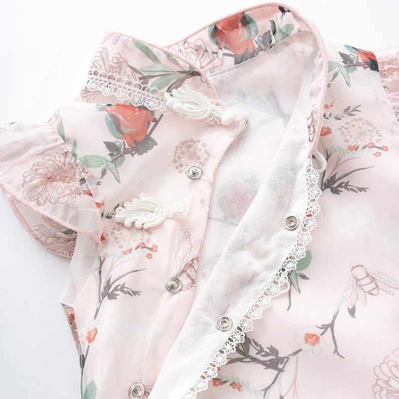 2Piece Sets Summer Bodysuit Newborn Girls Clothes Fashion Chinese Style Flowers Print Sleeveless Jumpsuits Baby Clothing BC2130