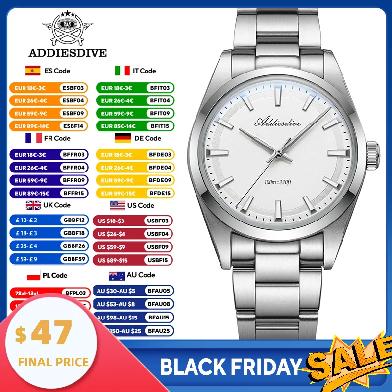 Addiesdive relógios de quartzo de aço inoxidável bolha espelho vidro analógico relógio bgw9 super luminoso 100m à prova dwaterproof água relógio masculinoad206