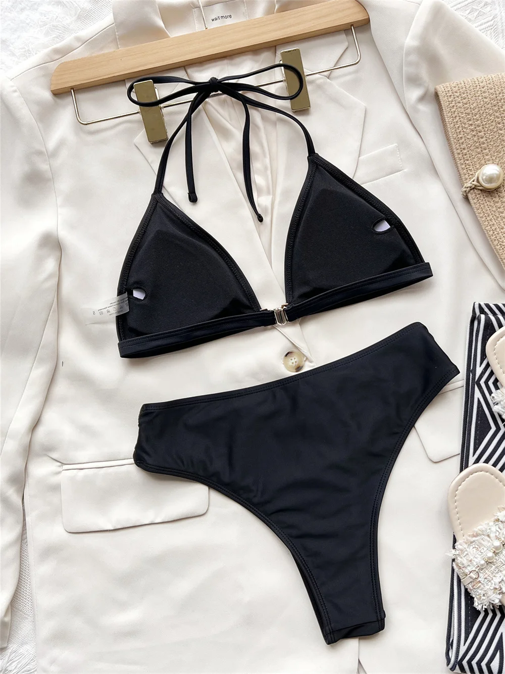 Black Bikini Bottom String Extreme Hollow Out Swimsuit Push Up Halter Backless Swimwear Bikinis Biquini Women Beach Bathing Suit