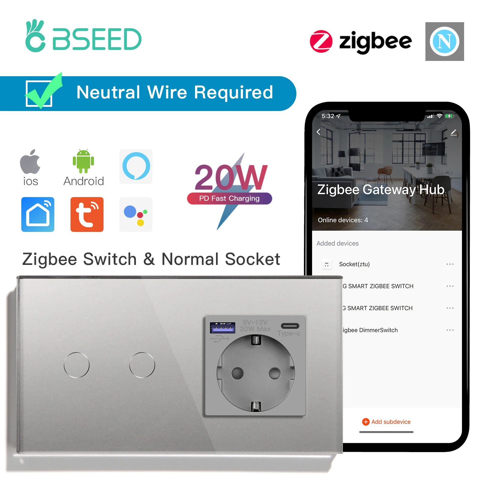 Bseed 1/gang 2way zigbee lichtsc halter wand touch schalter usb typ-c schnell ladeans chluss 20w tuya smart life google home control