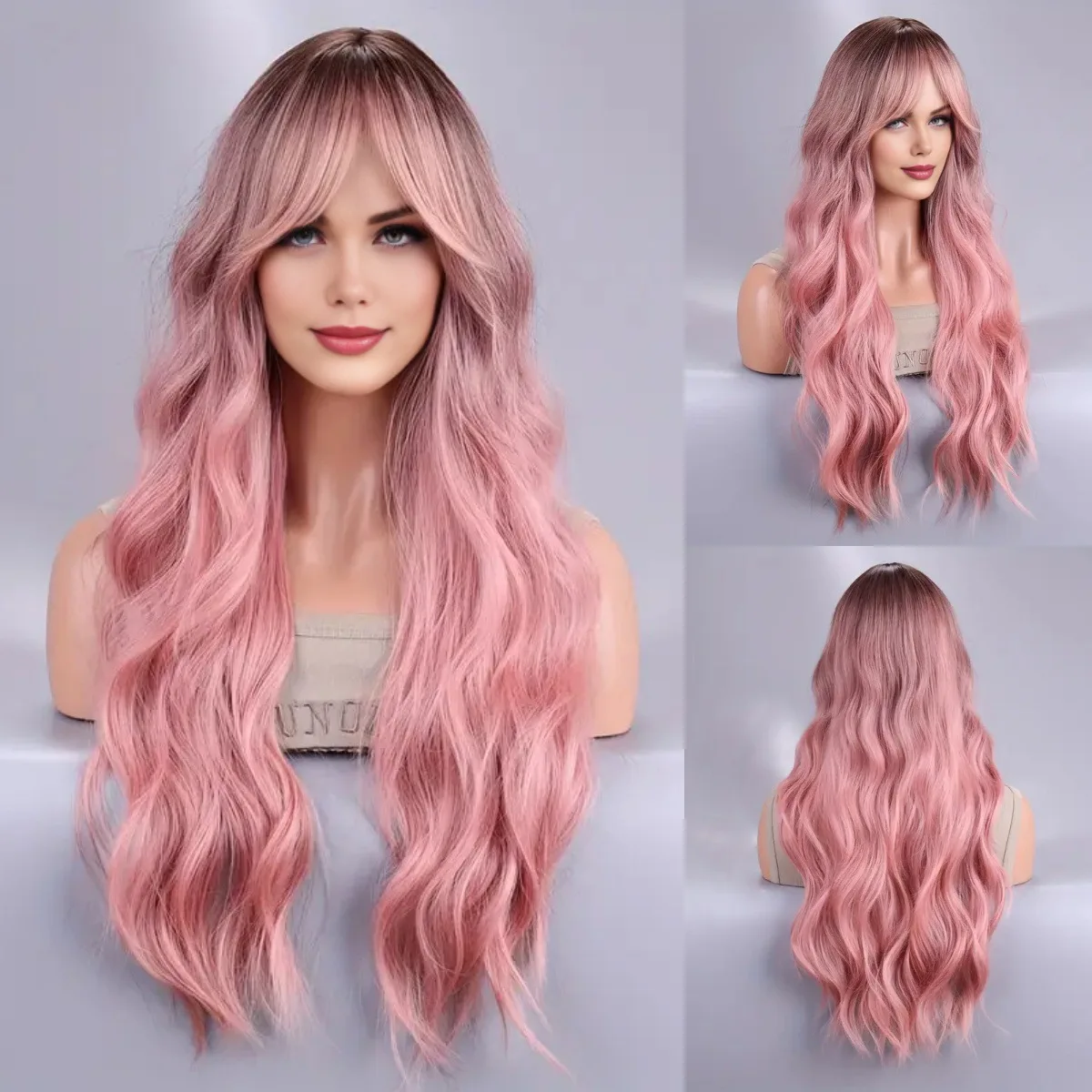 

European and American fashion new 26 inches gradual change pink medium long hair high temperature silk chemical fiber full head