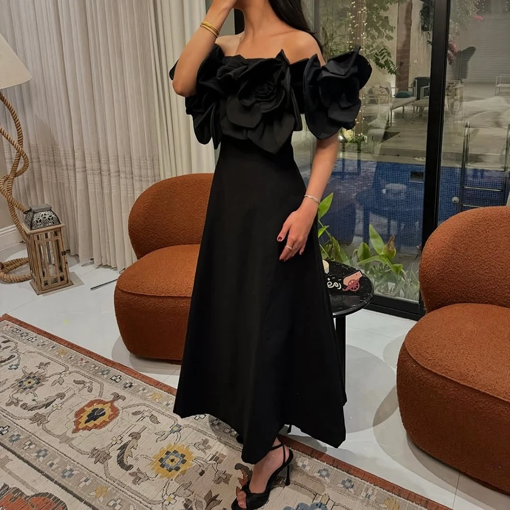 

Customized A-line Evening Dresses Tea-length Off The Shoulder Sleeveless Prom Gown Fashion Flowers Simple Draped Party Gown