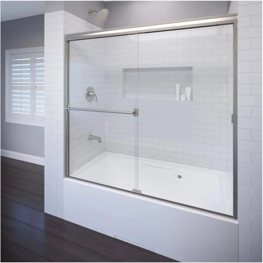 Sliding Shower Door, 58-60 in. wide, clear glass panel, with handle, stainless steel frame, semi-frameless sliding shower door