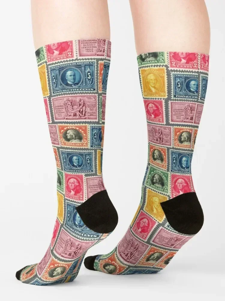 US Postage Stamp Collage Socks Wholesale winter thermal Antiskid soccer moving stockings Designer Man Socks Women's