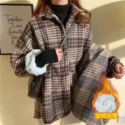 New Vintage Harajuku Thick Plush Warm Plaid Shirts Women Autumn Winter Loose Long Sleeve Casual Blouse Korean Y2k Tops NS5495