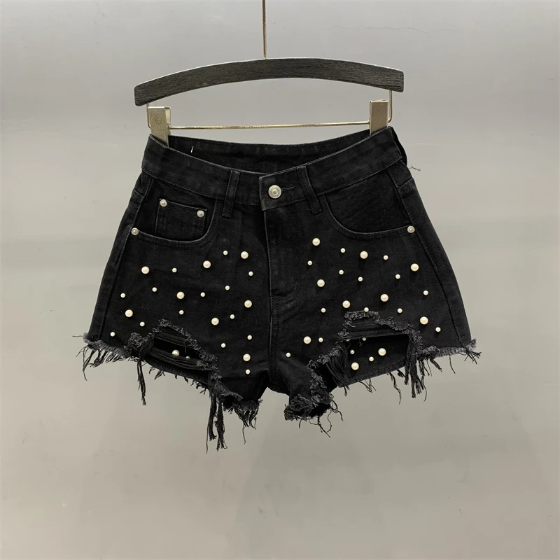 Summer Pearl Ripped Denim Shorts Women Retro Blue Black Slim Wide Leg High Waist Jeans Shorts Street Sexy Fashion Casual