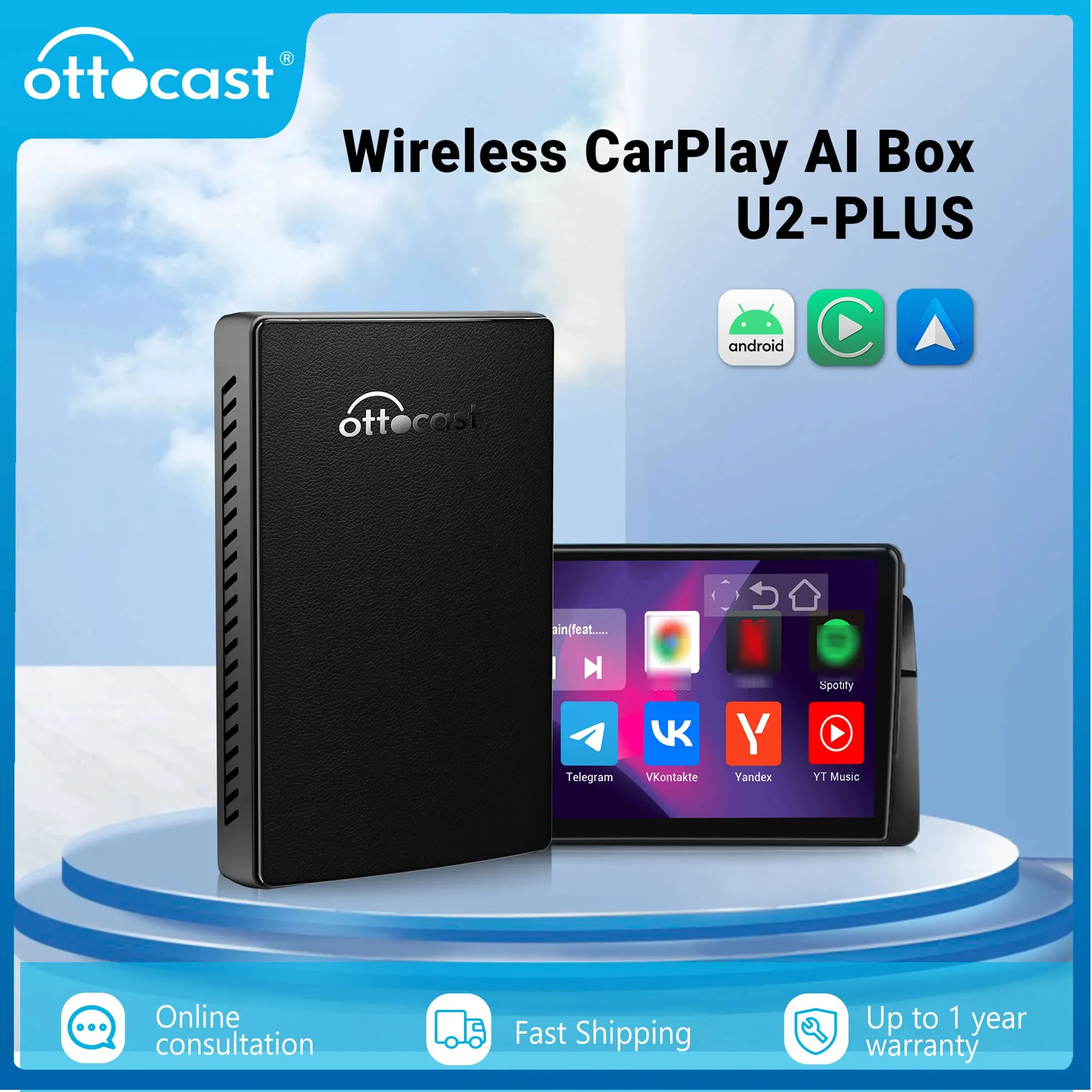 OTTOCAST U2 Plus CarPlay Ai Box 64G Android Wireless CarPlay Android Auto for Netflix TV Box for Toyota Volkswagen Hyundai Ford