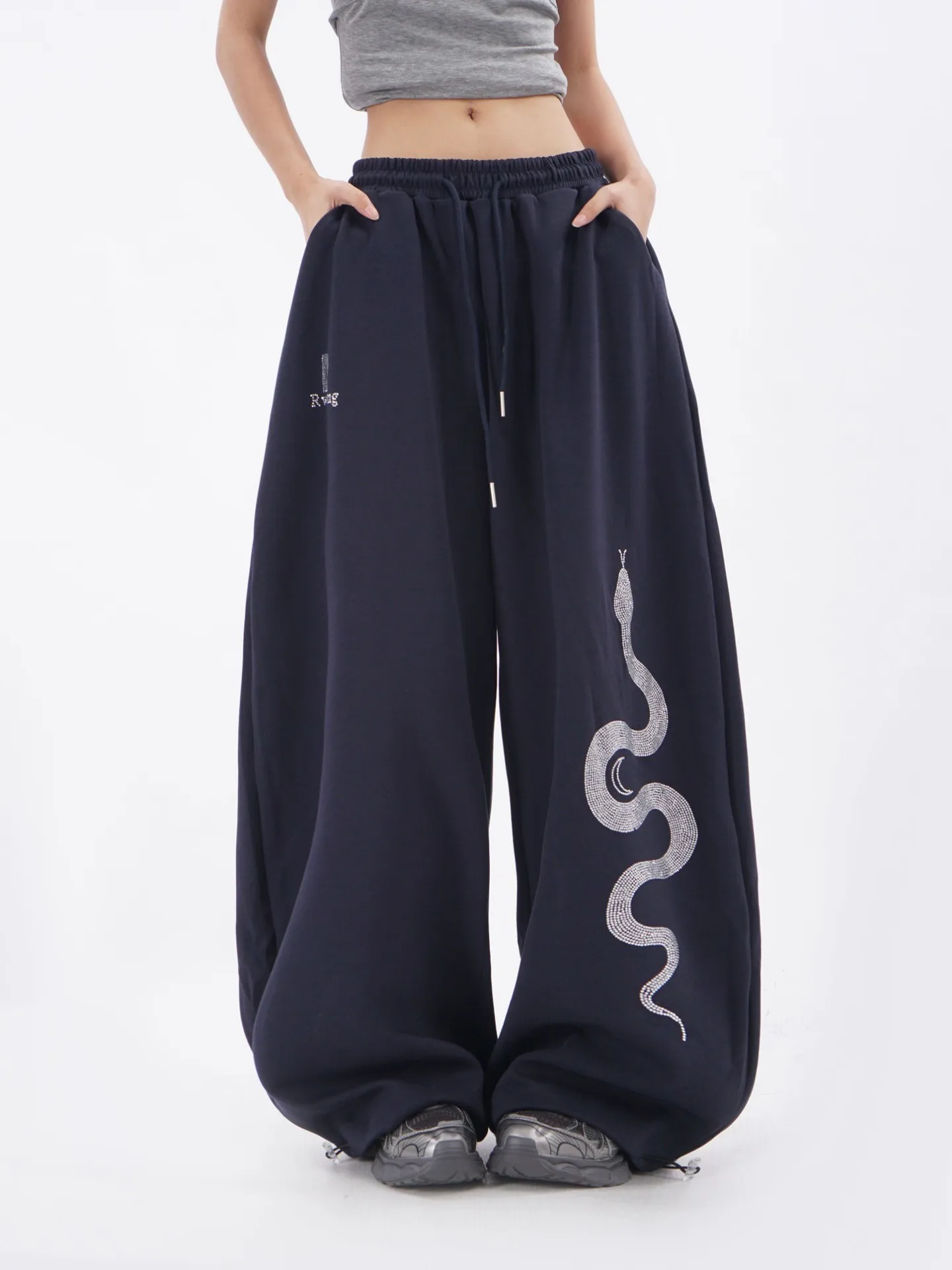 กางเกงขายาวทรงหลวมสไตล์อเมริกันย้อนยุค ลายงูปั๊มร้อน สำหรับผู้หญิง