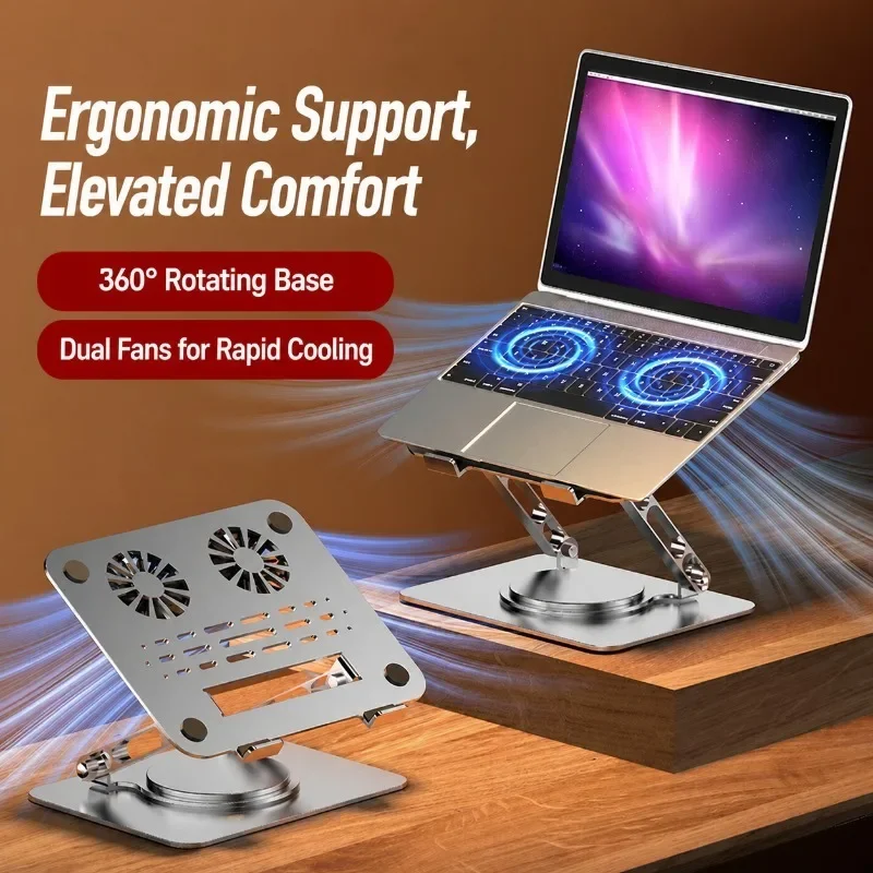 360 Degree Rotating Ergonomic Laptop Stand with Adjustable Height and Ventilated Base for Heat Dissipation Desktop Riser