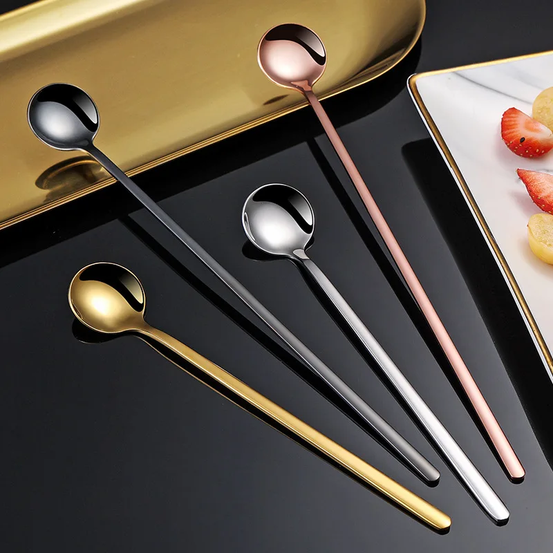 Long Handle Stainless Steel 304 Dessert Stirring Spoon Extended Color Gold Small round Ice Cream Tea Milk Shake Mixing Spoon