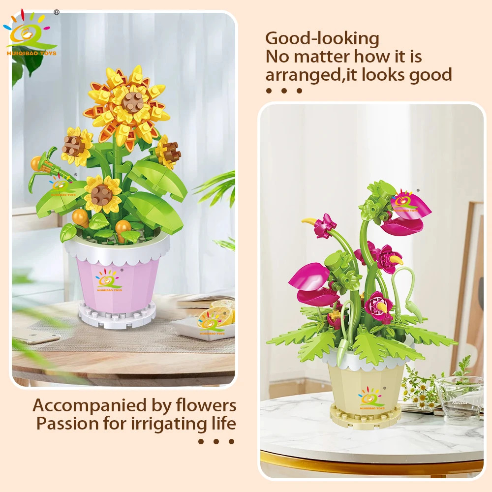 HUIQIBAO MOC Eternal Flower with Pot Micro Building Block DIY Sunflower Rose Bouquet Mini Model Brick Toy home Desk Decoration