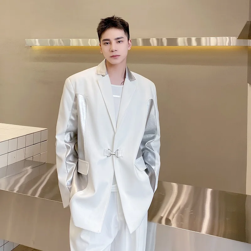 

Casual Silver PU Patchwork Men's Suit Jaet Spring Trendy Individual Design High-End Feeling Leisurely Tailored Outerwear