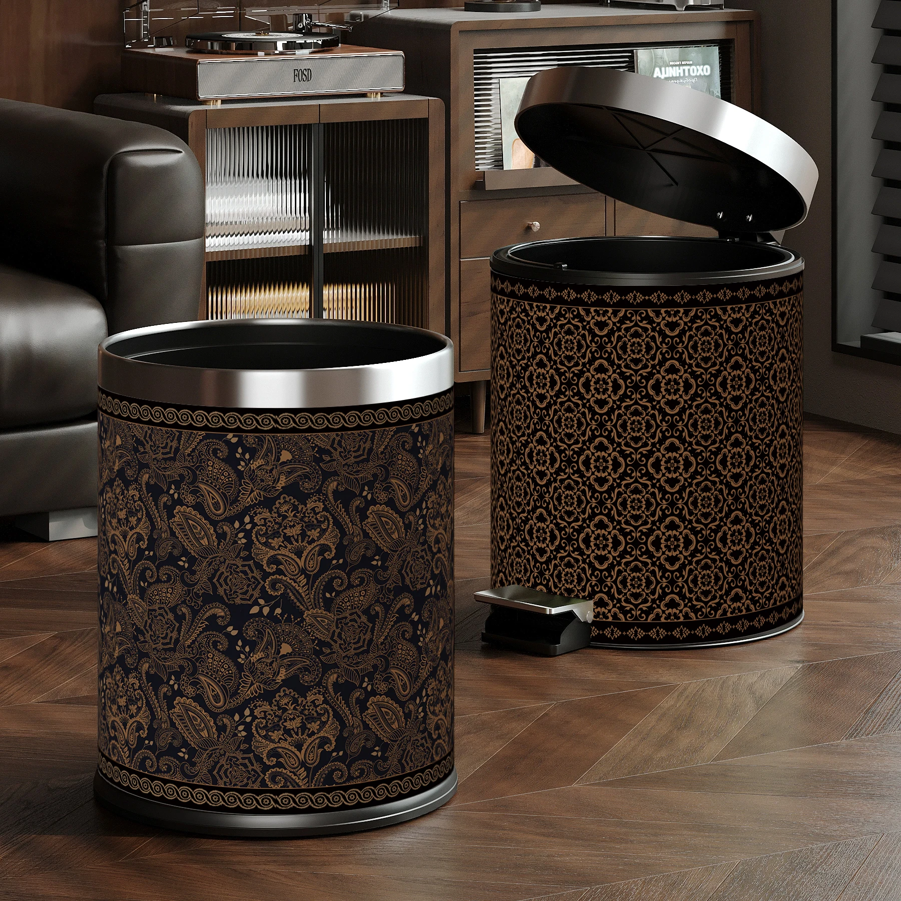 

Retro Print Pedal Operated Large Capacity 10L 12L Household Trash Can for Living Room Bedroom High Aesthetic Value with Lid