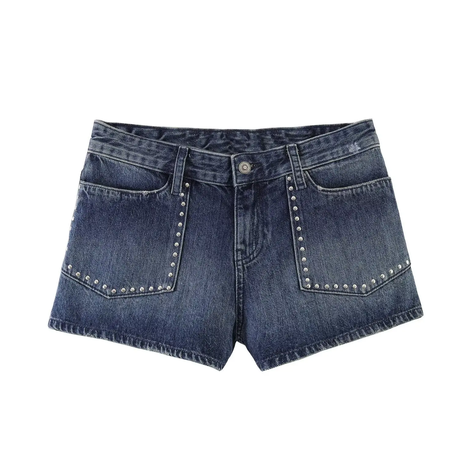 

Женские темно-синие джинсовые шорты с серебряными заклепками, с карманами, с высокой талией, в винтажном стиле, повседневные шорты для летнего образа C7V9