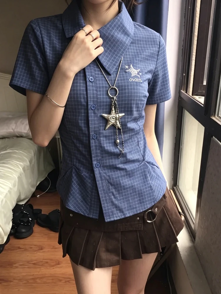 Genayooa Japanisches Y2k-Karohemd für Damen, kurzärmelig, unregelmäßige Stickerei, Hemd und Bluse im koreanischen Stil, Vintage-Oberteile im Stil der 2000er Jahre – Detail 6