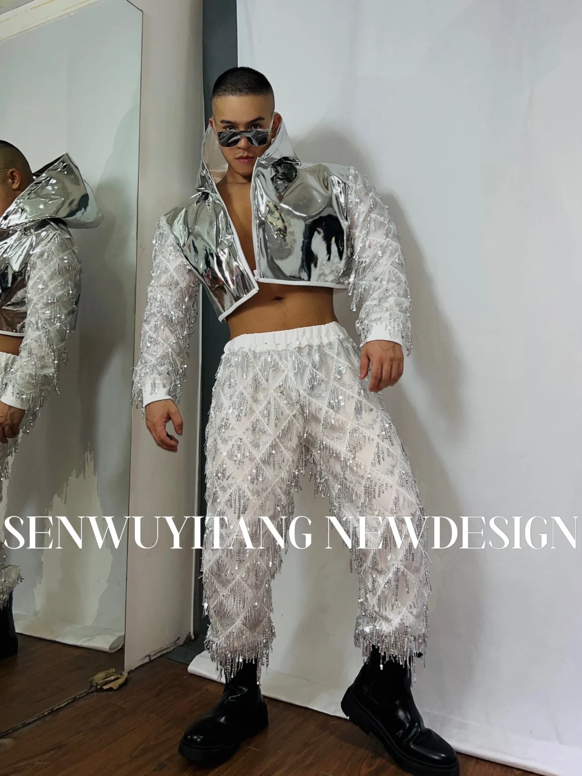 Silver Mirror Hooded Zipper Coat+Tassel Pants Personalized Party Men's Women's Singer Nightclub Bar Gogo Hip Hop Stage Clothing