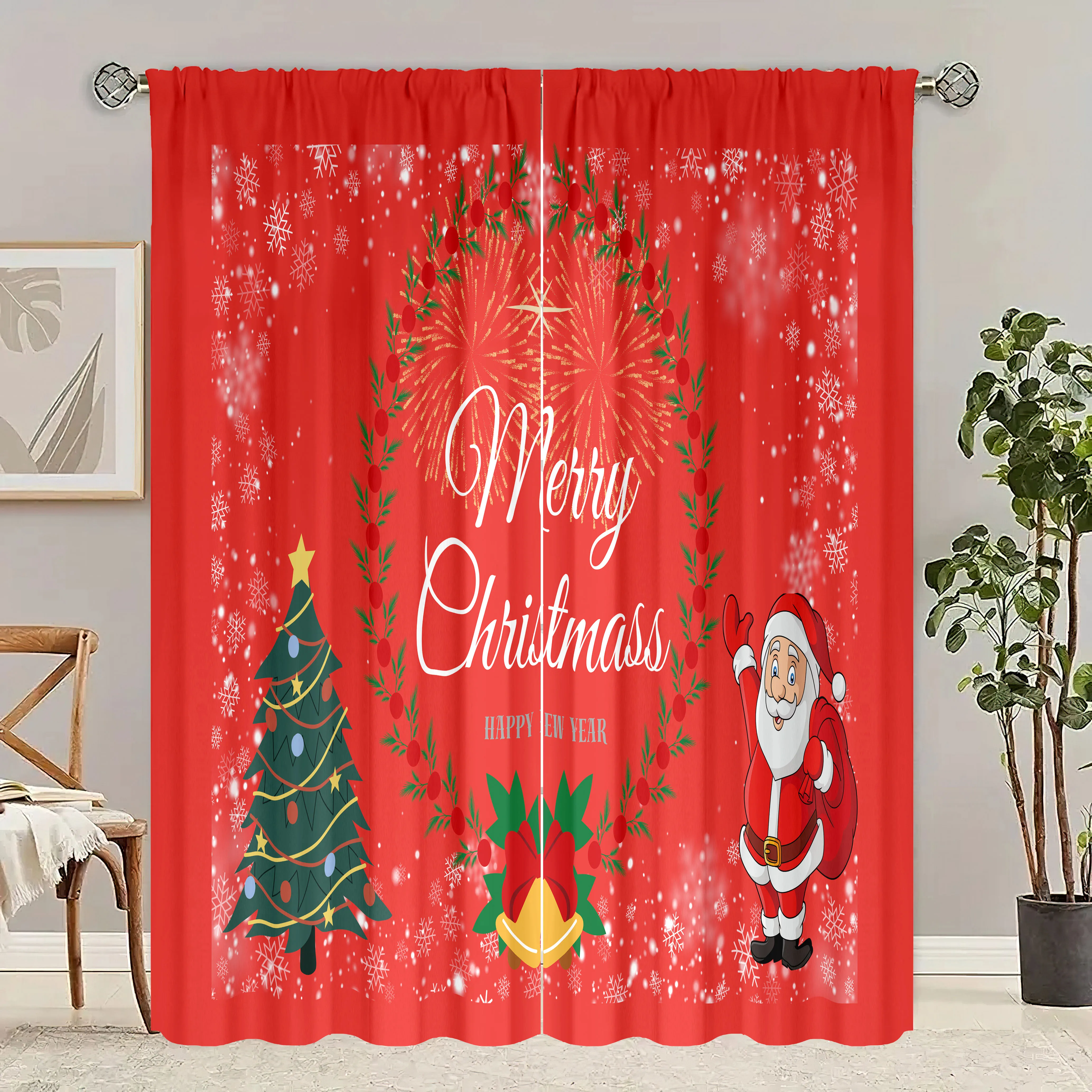 2 pcs-Christmas decorated Christmas tree print curtains - polyester material - suitable for bedroom, living room, study