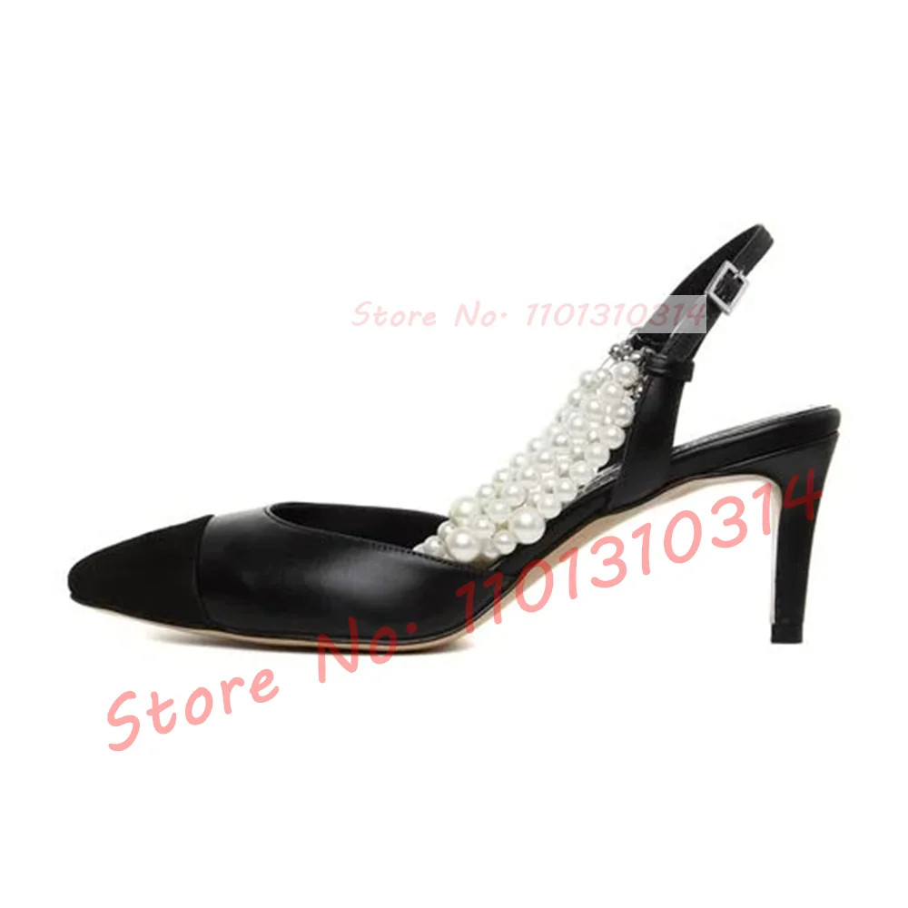 Pearl Chain Back Strap Sandals Women Elegant Black Splicing Pointed Toe Party Dress High Heels Ladies Summer Fashion New Shoes