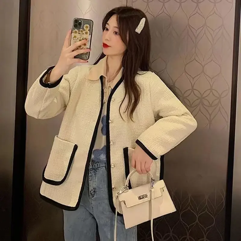 Korean Style Tweed Girl Casual Jacket Crew Neck Autumn Women Fashionable Chic Color Blocking Top Loose Fit Plus Size Slimming