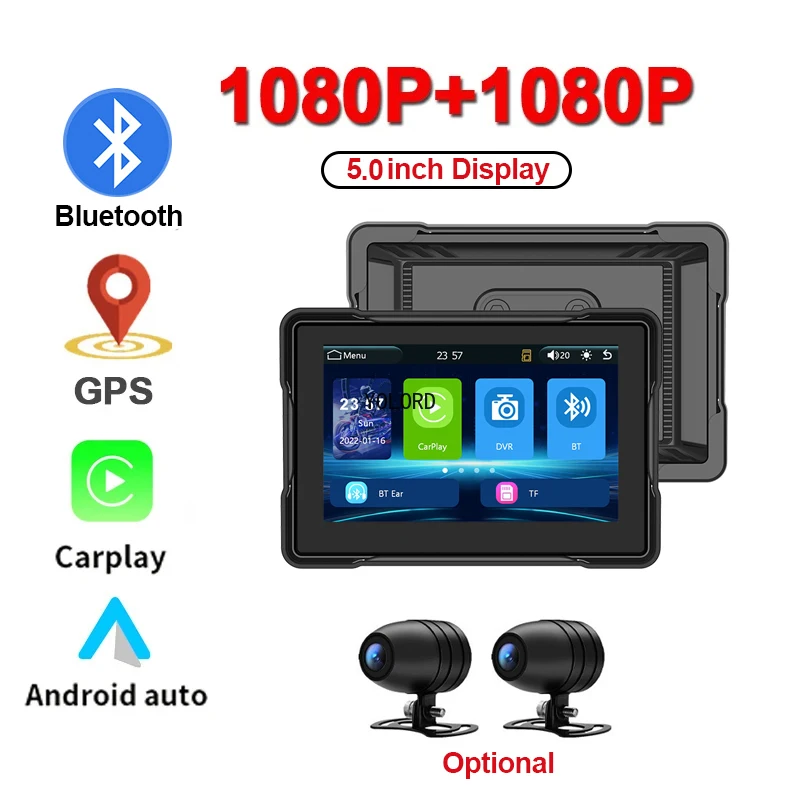 

5 Inch HD Motorcycle DVR Dash Cam 1080P Front And Rear IPS Touch Screen WIFI GPS Navigation Wireless Android Auto Carplay BT