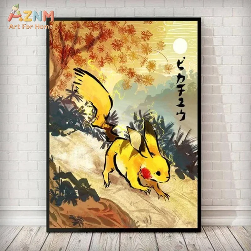 AZNM Pokemon Ukiyo-e Style Canvas Wall Print Unframed Charizard Blastoise Ho-oh Lugia Anime Pocket Monster Art Poster