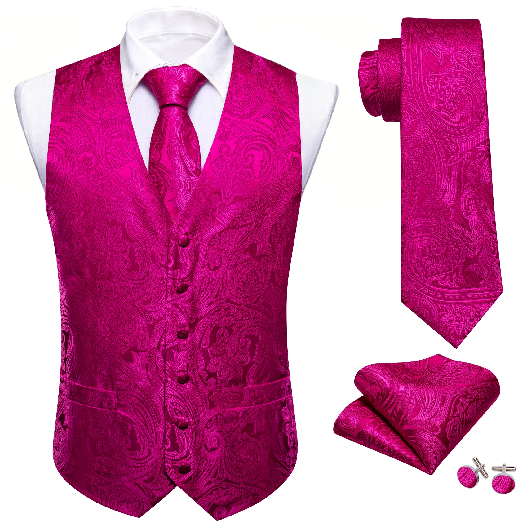 Luxe Zijden Herenvest Met Roze Rode Bloem Geborduurde Gilet Set Bruiloftskostuums Mouwloos Jasje Barry Wang