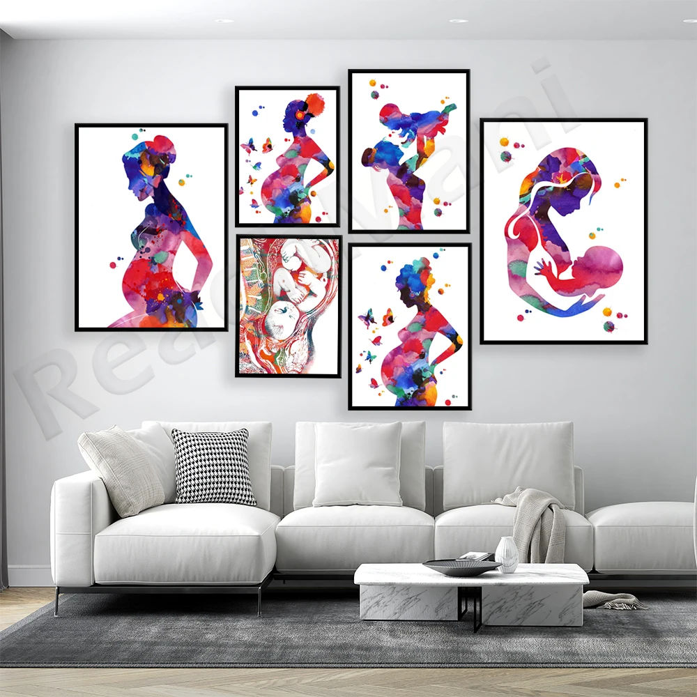 Pregnancy drawing pregnant woman watercolor poster, term baby in womb, fetal growth and placenta print. Obstetrician poster