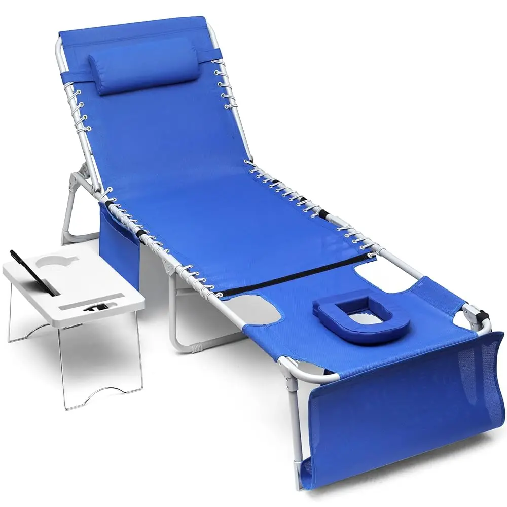 

3-In-1 Sun Tanning Chair With Face Holes, Breathable Chaise Lounge Chair Outdoor, 5-Position Recliner, Lay Flat, Folding Side