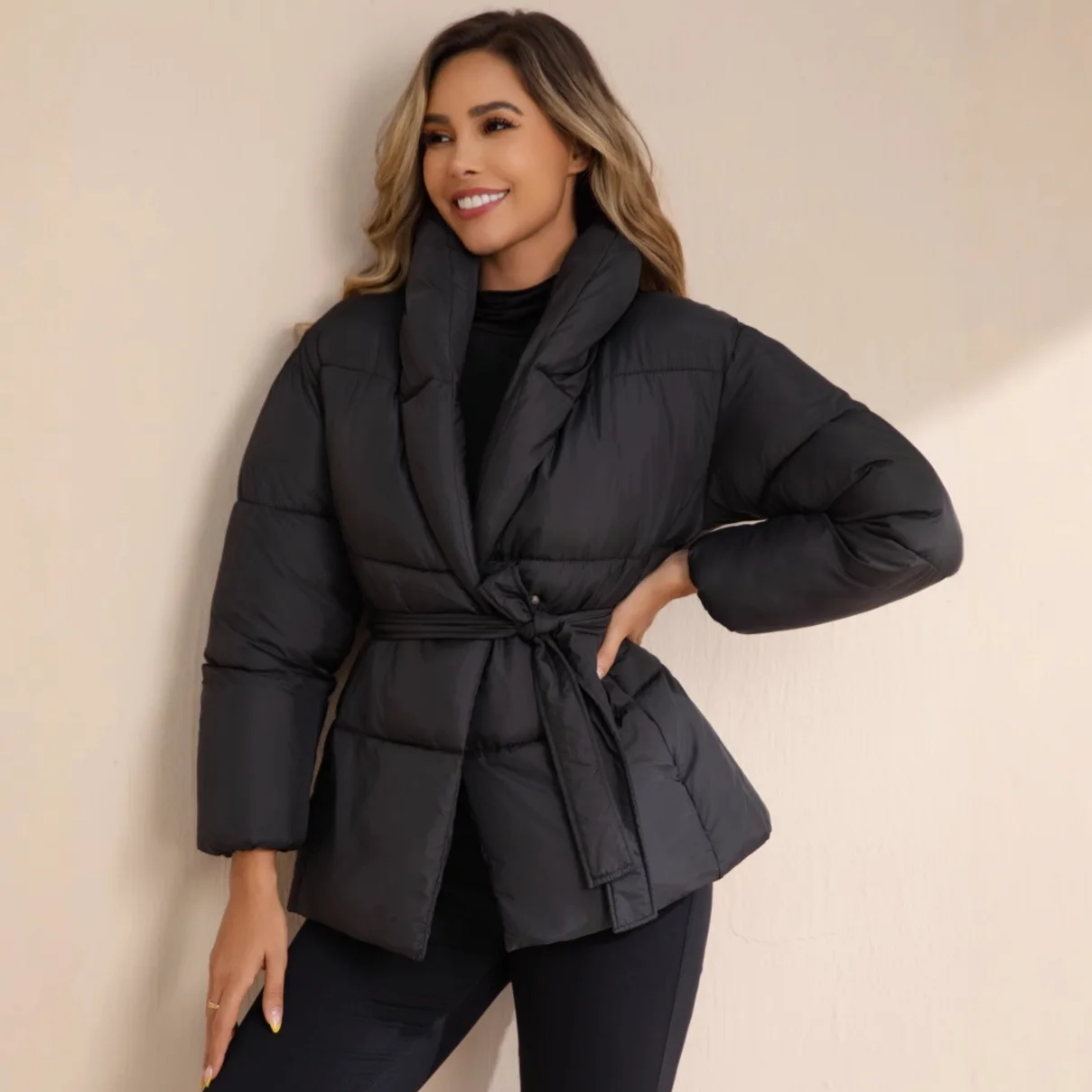 Advanced with Waist Cinching Tie Up Black Cotton Jacket Women's 2026 Winter New Korean Version Stand Collar Coat Female Parkas