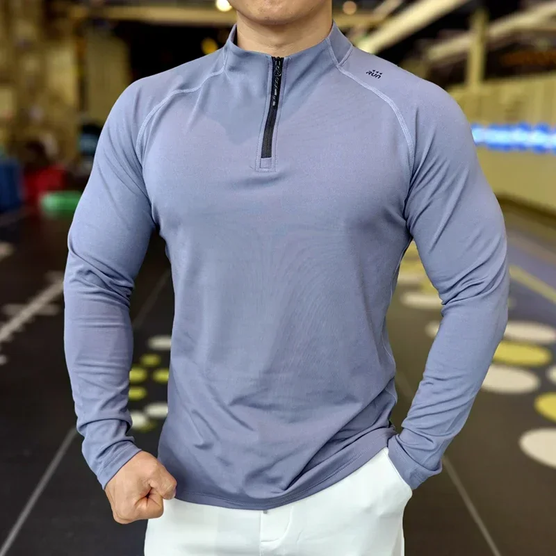 Jesienna męska koszulka sportowa Slim Fit Okrągły dekolt Długi rękaw Koszula z zamkiem błyskawicznym Koszulka treningowa na siłownię Dres do biegania na świeżym powietrzu