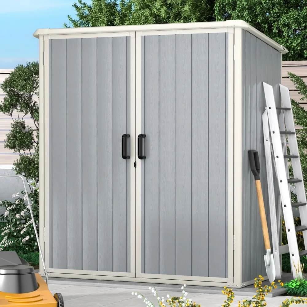 

Outdoor Storage Shed 5 x 3FT, Resin Shed with Floor and Lockable Door, Plastic Shed for Bike, Garbage Can, Tool, Accessories