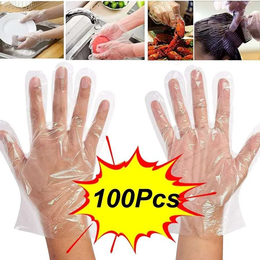 100PCS Disposable Gloves Transparent Waterproof Clean Hygienic Plastic Gloves Food Thickening Film Disposable Kitchenware