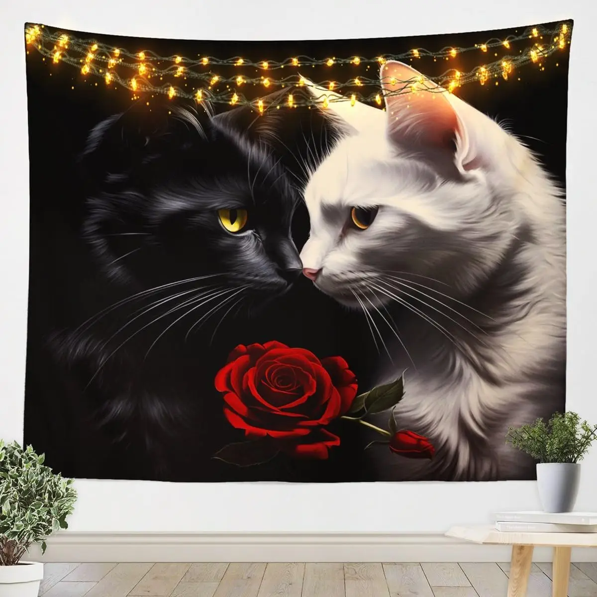 Black and White Cat Tapestry,Red Rose Floral Wall Hanging Art for Kids Girls Women Teens Bedroom Decor,3D Animals Plants Wall
