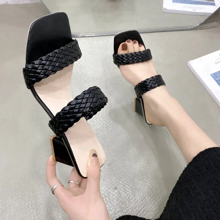 2022 New Fashion Summer Women Sandals Ladies Shallow Mouth Colorblock High Thick Shoes Middle Heel Ladies Slippers Plus Size