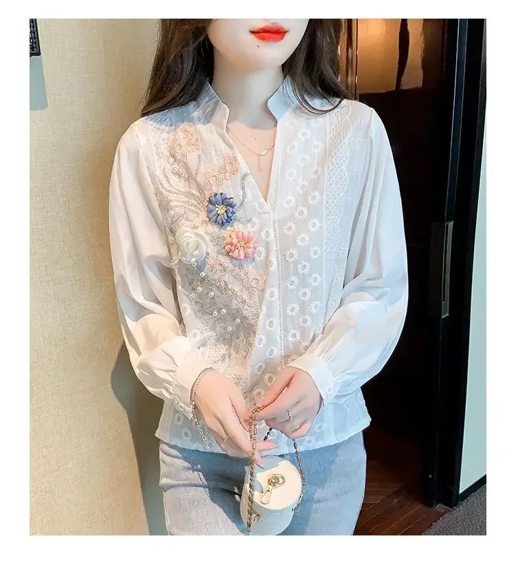 Fashion V-Neck Lace Slit Embroidery Beading Blouses Women\'s Clothing Autumn Oversized All-match Tops Office Lady Shirts X839