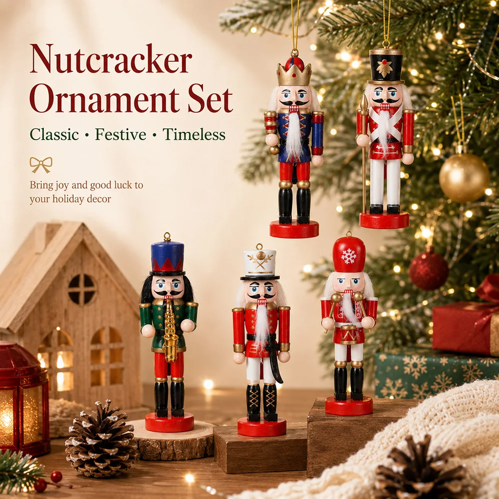12cm 5-teiliges Holz-Nussknacker-Soldaten-Geschenkset Weihnachten DIY Baum-Anhänger Hängende Dekoration Geschenke für Zuhause Party Feiertagsdekoration – Detail 6