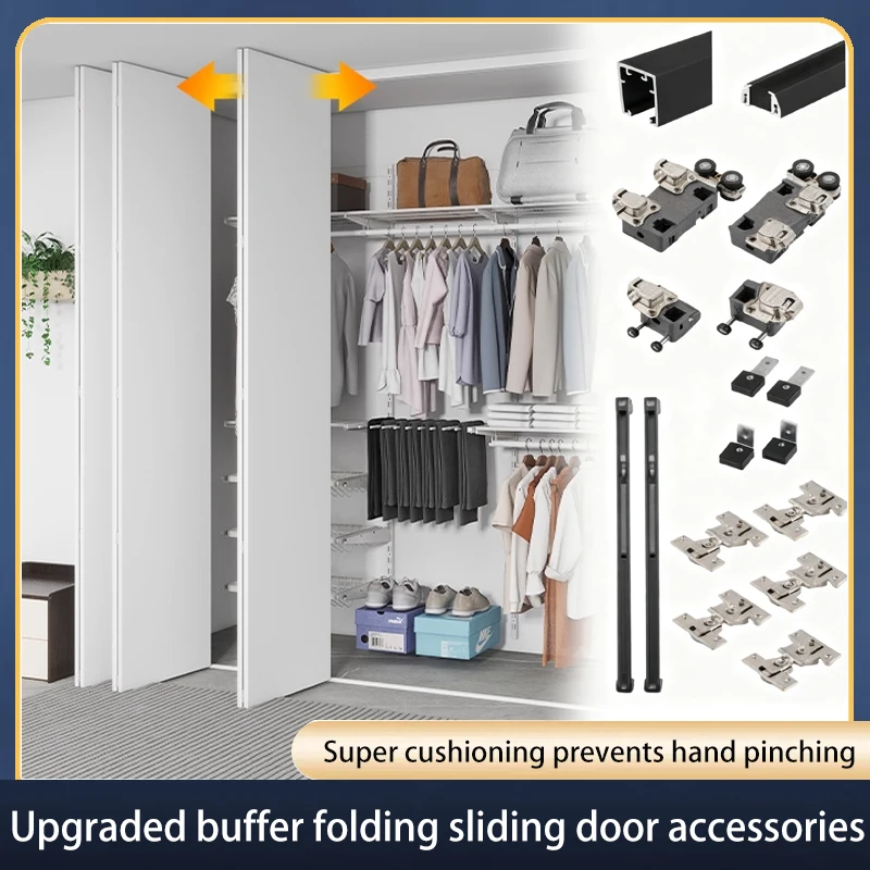 

SSOUIM Japanese Style Folding Sliding Door Hardware Full Set With Overhead Track For Metal Wardrobe Closet Space Saving Design
