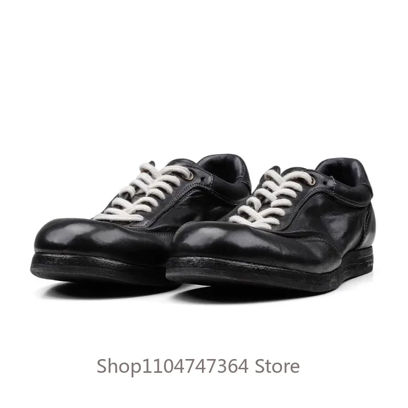 Designer Concise Imported Washed Horse Leather Black Training Shoes Men's Commuting Casual Flat Work Walking Genuine Leather