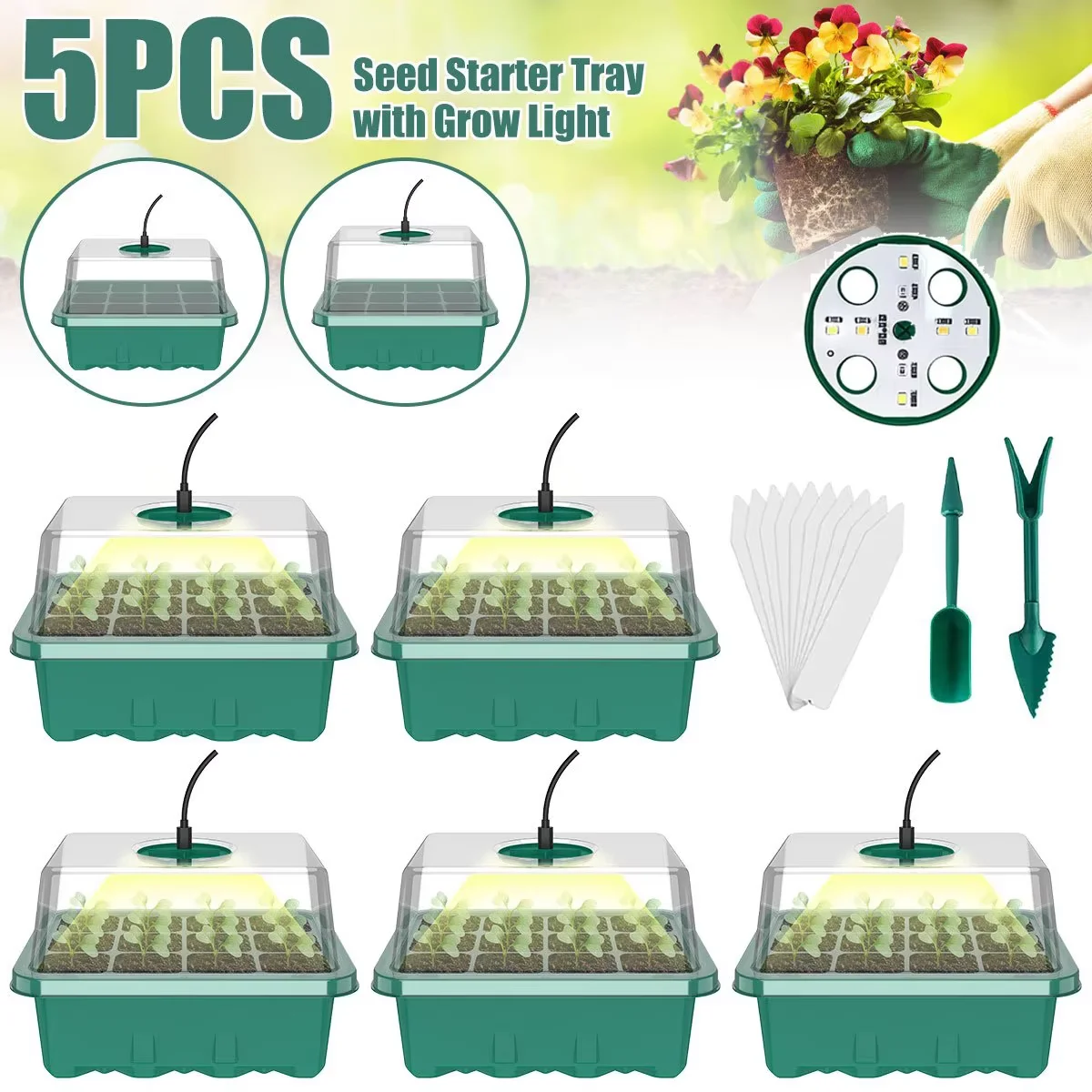 Full Spectrum Grow Light com bandeja de iniciação de sementes, semeadura Kit Tools, germinação, lâmpada crescente para estufa interior, 12 células, 5 pcs