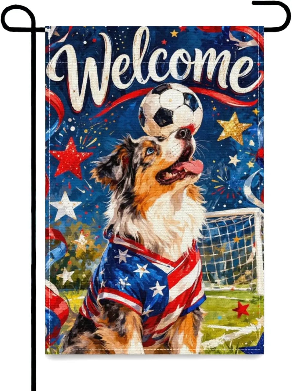 Welcome Funny Australian Shepherd Dog Garden Flag 12x18Inch,Boho American Red White Blue Outdoor Yard Decor,Soccer Animal Fe IIC