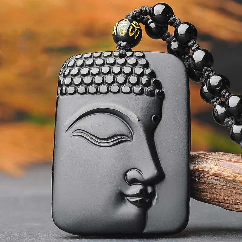 

Natural Black Obsidian Buddha Head Pendant Fashion Boutique Jewelry Men's and Women's Benmingnian Necklace Gift Accessories