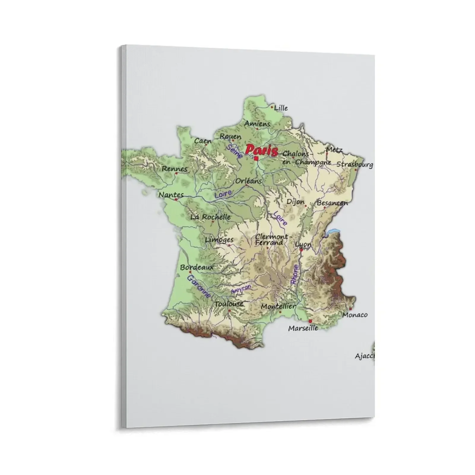 

FRANCE detailed physical map topographic map of FRANCE with Capitals and Major Lakes and Rivers Canvas Painting
