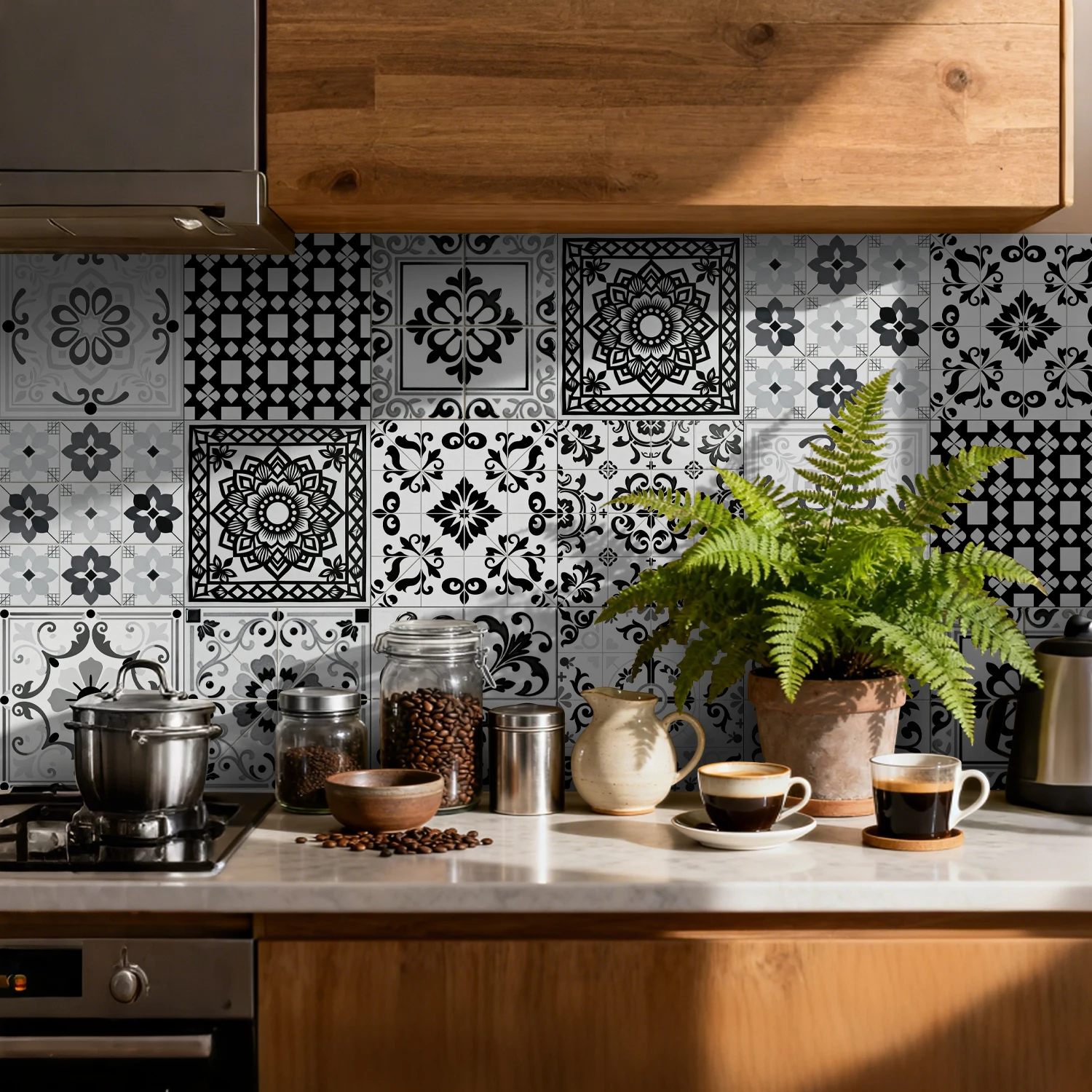 24pcs Black, white, and gray geometric self-adhesive wall stickers, suitable for kitchens and bathrooms, removable and waterproo