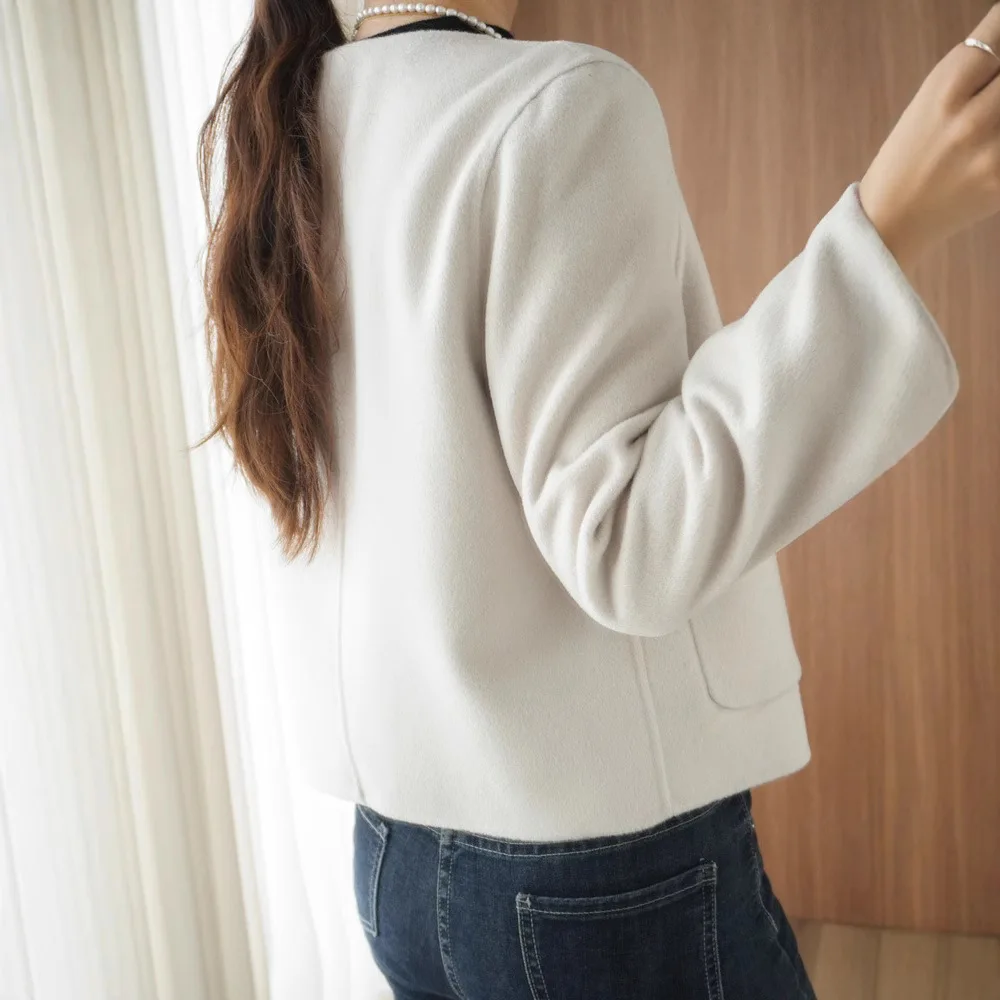 

25 Spring Xiaoxiangfeng woolen coat solid color small short top 100% wool double-sided cashmere coat women
