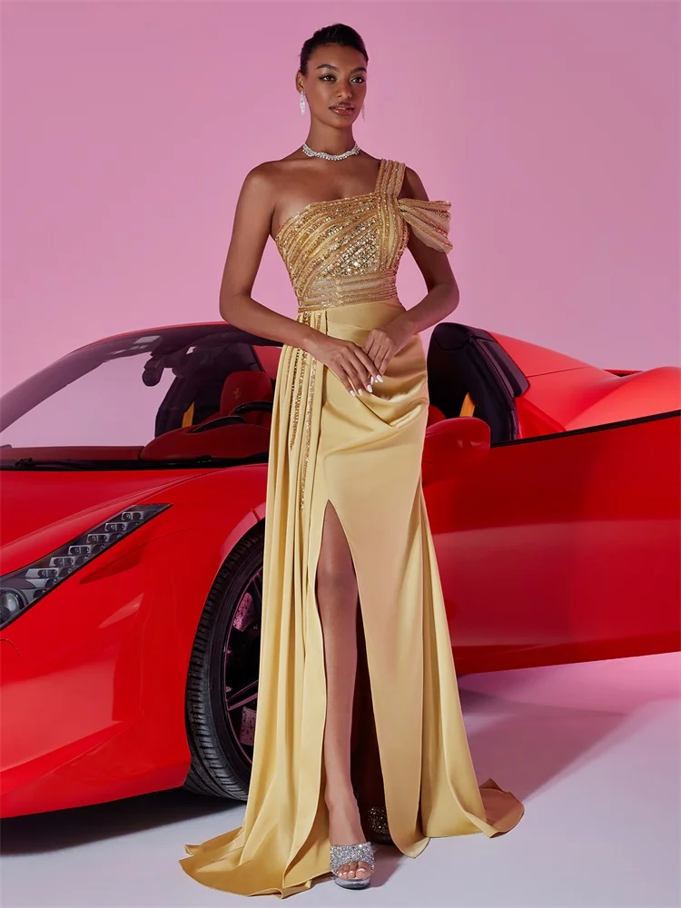 

Luxury Slanted shoulder Sequins Slit Maxi Evening Dresses Waist-cinching mermaid Wedding Bridesmaid Party Elegant Cocktail Gowns